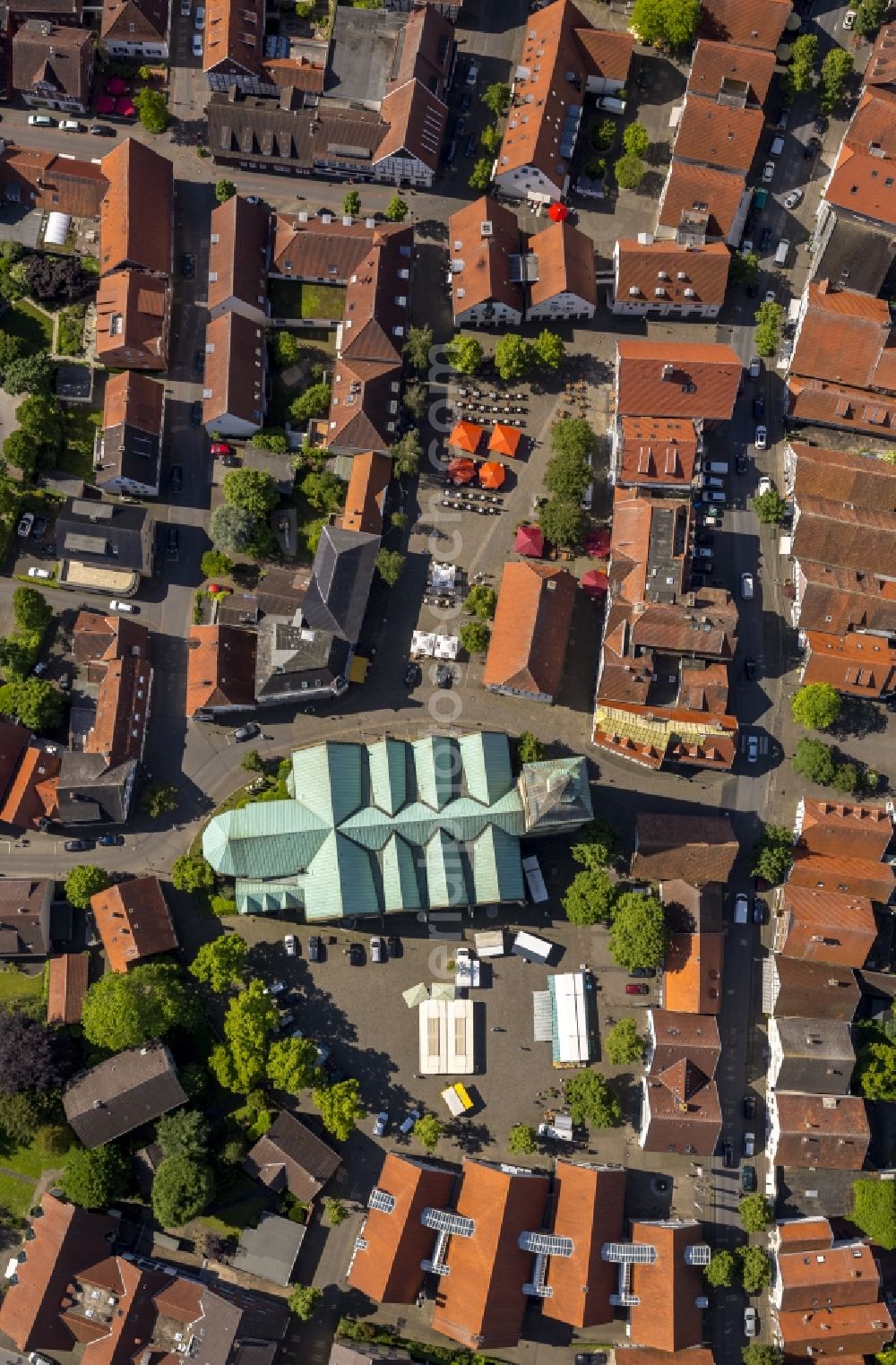 Rheda-Wiedenbrück from above - The Saint Aegidius church in the city centre of Rheda-Wiedenbrueck in the state North Rhine-Westphalia.The Saint Aegidius church is located at Kirchplatz