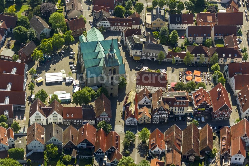 Rheda-Wiedenbrück from above - The Saint Aegidius church in the city centre of Rheda-Wiedenbrueck in the state North Rhine-Westphalia.The Saint Aegidius church is located at Kirchplatz