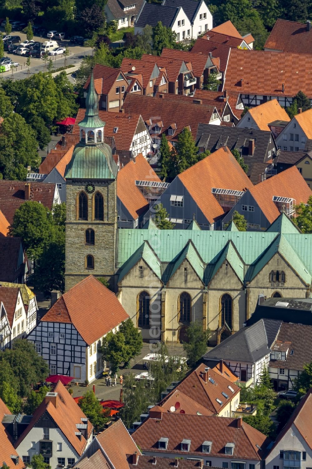 Rheda-Wiedenbrück from the bird's eye view: The Saint Aegidius church in the city centre of Rheda-Wiedenbrueck in the state North Rhine-Westphalia.The Saint Aegidius church is located at Kirchplatz