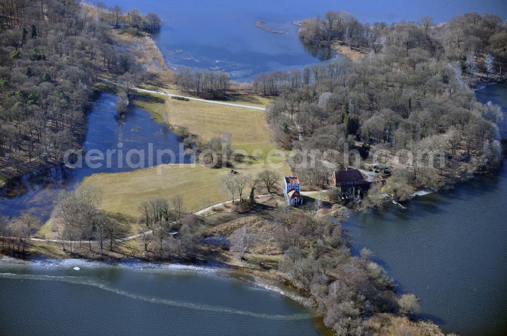 Aerial image Berlin - View at the old dairy farm on the Pfaueninsel island of the Wansee lake in Berlin. The building was built under the direction of Friedrich Wilhelm II