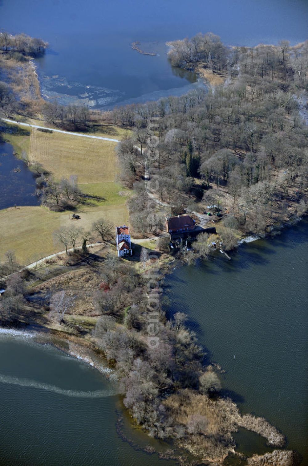 Berlin from above - View at the old dairy farm on the Pfaueninsel island of the Wansee lake in Berlin. The building was built under the direction of Friedrich Wilhelm II