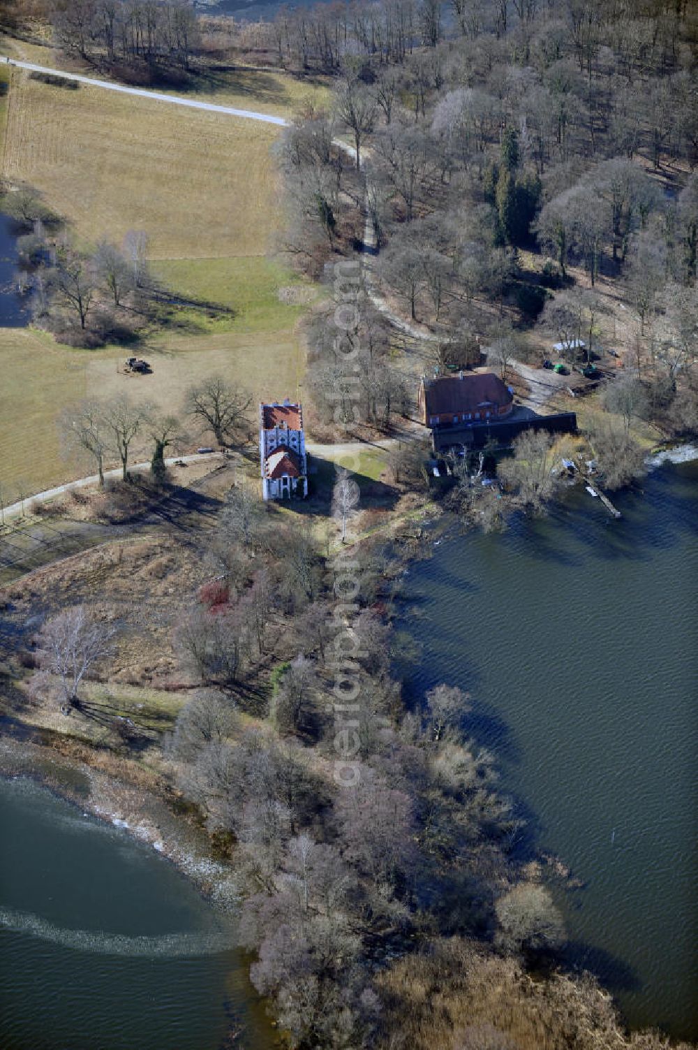 Berlin from the bird's eye view: View at the old dairy farm on the Pfaueninsel island of the Wansee lake in Berlin. The building was built under the direction of Friedrich Wilhelm II