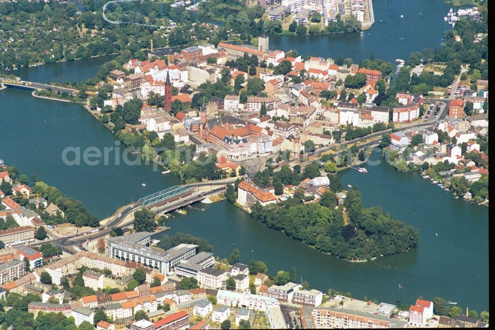 Berlin from above - The old town of Berlin-Koepenick is located on an island at the confluence of Dahme and Spree. Good to see the famous Rathaus Koepenick, Koepenick Palace and the Evangelical Church of St. Lawrence