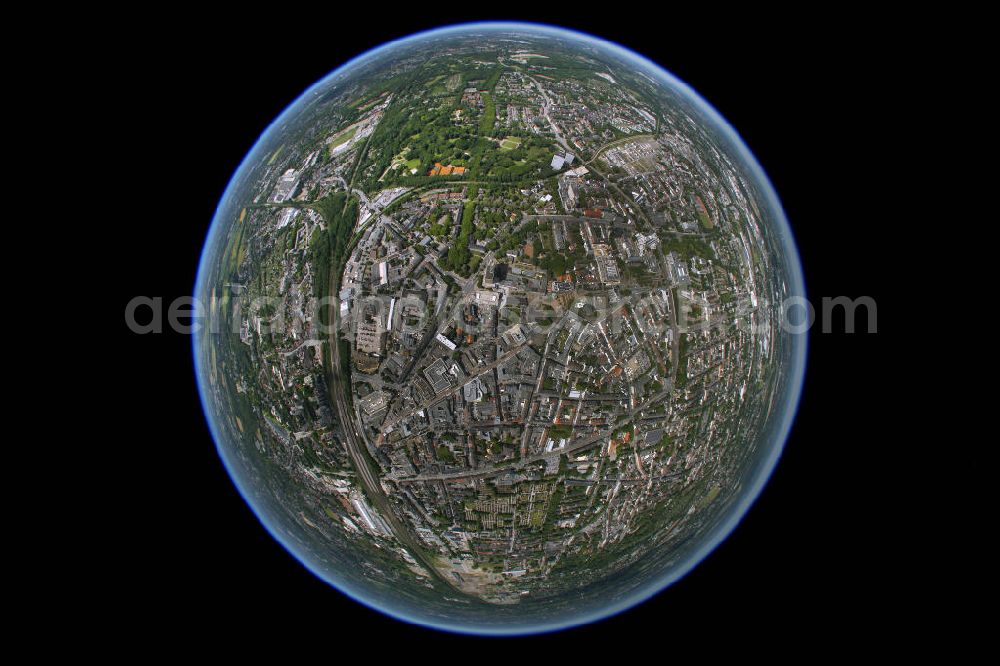 Aerial photograph Gelsenkirchen - Fisheye picture of the old town Gelsenkirchen near the main railway station with the main post office, the telegraph office, the Gertrud-Bäumer-secondary school, and the tax office in Gelsenkirchen-Süd