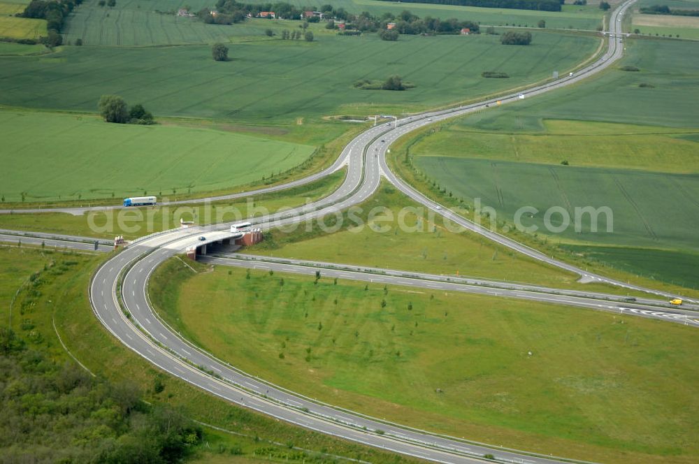 Stralsund from the bird's eye view: Blick auf die Autobahn Anschlussstelle Stralsund 24. Sie verbindet die A 20 mit der B 96, als Zubringer zur Insel Rügen. Eröffnet wurde sie im November 2004. Kontakt: DEGES Deutsche Einheit Fernstraßenplanungs- und -bau GmbH Öffentlichkeitsarbeit, Tel. 030-202 43 352, info@deges.de