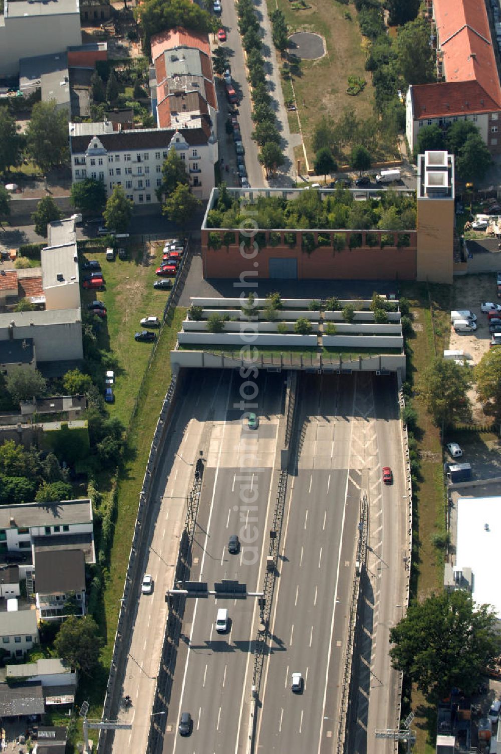 Berlin from above - Blick auf ie Autobahnauffahrt 24 Buschkrugallee der A100, die Berliner Stadtautobahn.