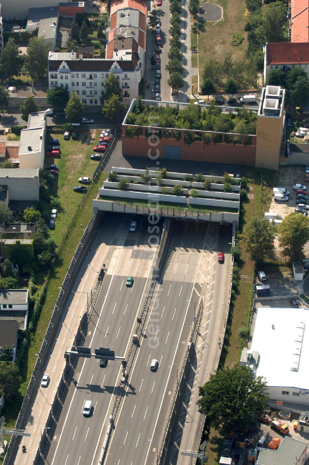 Berlin from above - Blick auf ie Autobahnauffahrt 24 Buschkrugallee der A100, die Berliner Stadtautobahn.