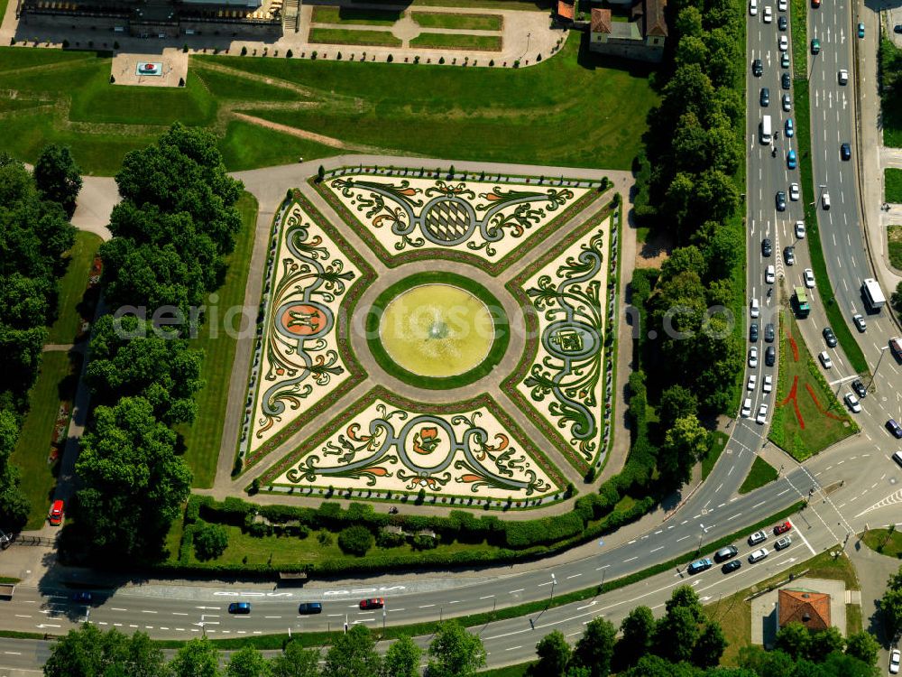 Ludwigsburg from above - View of the park of the Ludwigsburg Palace. In 1954, these gardenswere created in a free Baroque form. Since then, the garden with its associated fairy garden were given the name Blooming Baroque