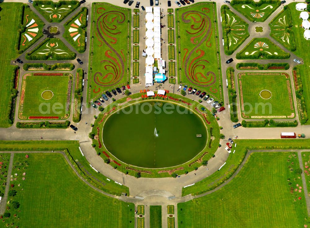 Ludwigsburg from the bird's eye view: View of the park of the Ludwigsburg Palace. In 1954, these gardenswere created in a free Baroque form. Since then, the garden with its associated fairy garden were given the name Blooming Baroque