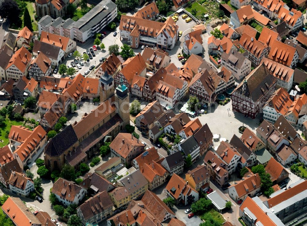 Aerial photograph Markgröningen - St. Bartholomew's Church in Markgröningen is incurred in several phases of Gothic church architecture from the 13th to 15 Century. The Bartholomew the Apostle ordained evangelical church is in the historic city center and has a special feature Markgröningens two different spiers