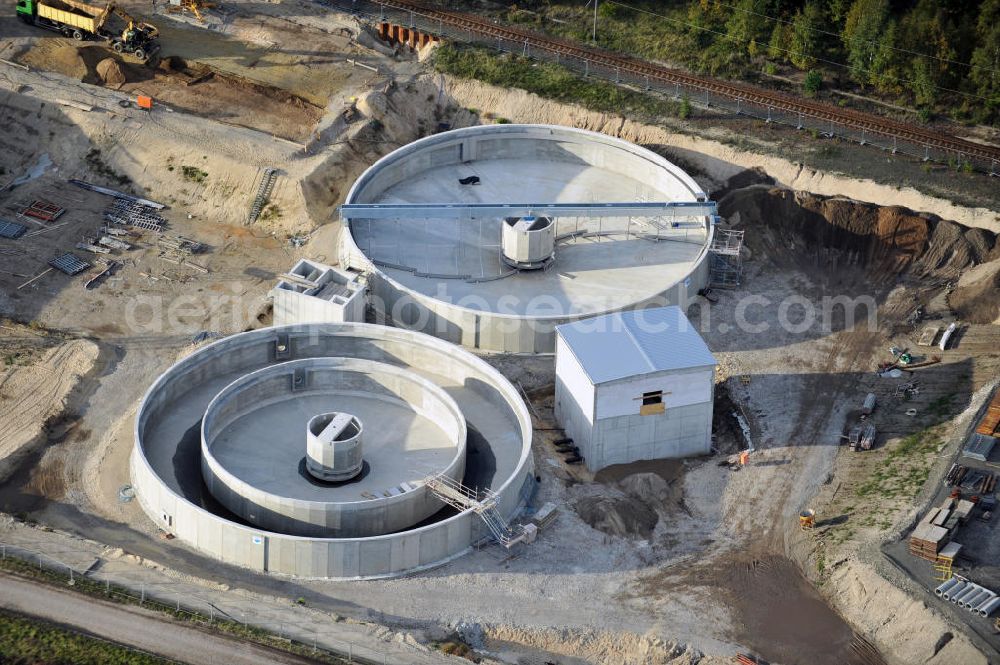 Aerial image Spremberg - View of the site of the new sewage treatment plant in the Schwarze Pumpe district of the city of Spremberg. The company Baucom and the plant engineers Bamag were entrusted with the planning and construction of the sewage treatment plant. It is built on the site of the former power plant in Schwarze Pumpe industrial park east