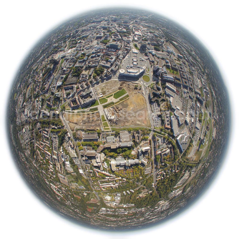 Aerial image Essen - Fish-eye motive of the construction site of the university district Grüne Mitte in Essen, which offers housing, employment and recreational areas. Besides is the shopping center Limbecker Platz