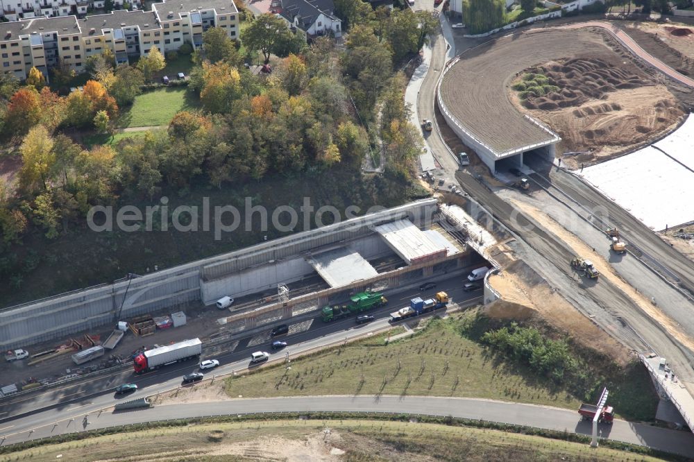 Mainz from the bird's eye view: The construction site for the new building of the motorway tunnel of the A60 motorway in the Hechtheim district in Mainz in Rhineland-Palatinate