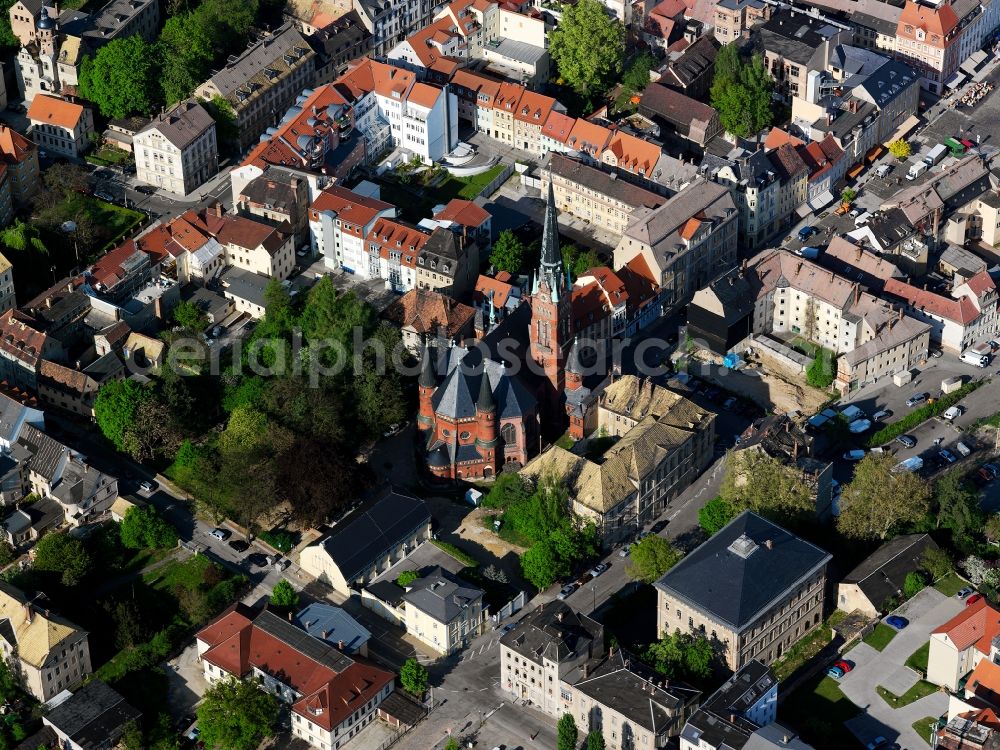 Altenburg from the bird's eye view: The Brethren Church is an evangelical community church in Altenburg, Thuringia. It lies on the western edge of town and dominates the town. It took its name from the previous building, the church of the Franciscans or Friars Minor