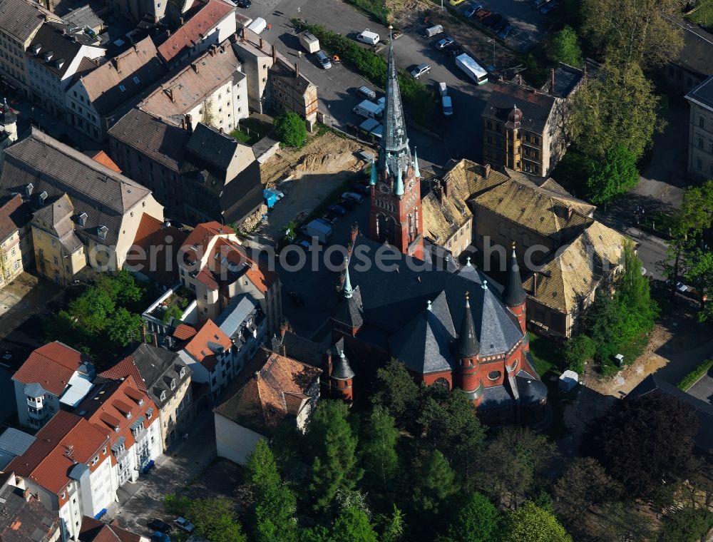 Aerial image Altenburg - The Brethren Church is an evangelical community church in Altenburg, Thuringia. It lies on the western edge of town and dominates the town. It took its name from the previous building, the church of the Franciscans or Friars Minor