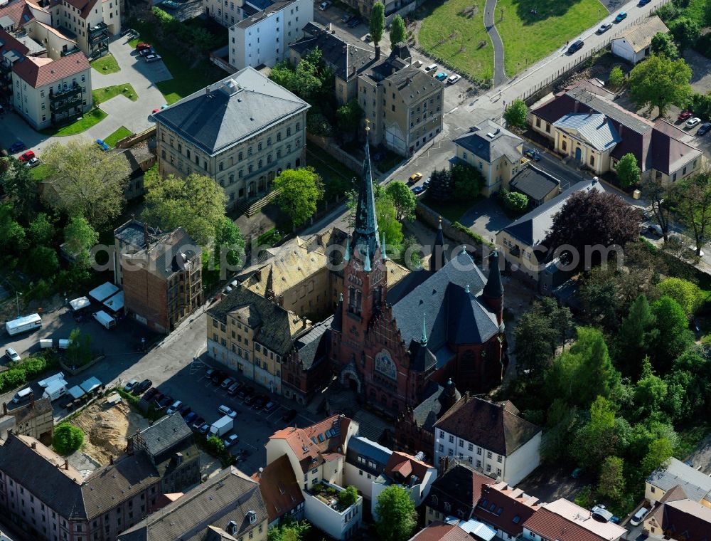 Aerial photograph Altenburg - The Brethren Church is an evangelical community church in Altenburg, Thuringia. It lies on the western edge of town and dominates the town. It took its name from the previous building, the church of the Franciscans or Friars Minor