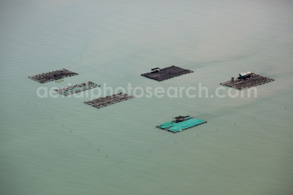 Ratsada from the bird's eye view: The Bay Ao Tha Rua in front of the city Ratsada on the island Phuket in Thailand is full of floating fish farms with accompanying boats and houseboats