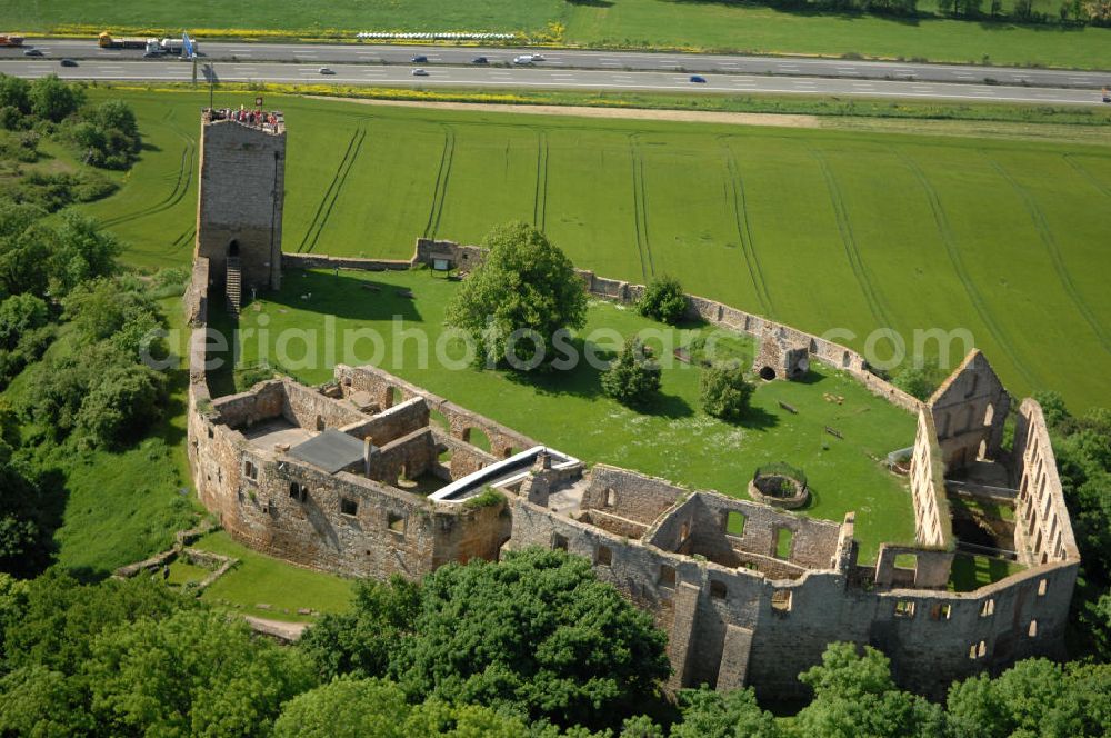 Aerial image Wandersleben - Blick auf die Burg Gleichen (auch Wan derslebener Gleiche, Wan dersleber Schloss, Wan derslebener Burg), einer mittelalterlichen Burgruine in Thüringen in der Nähe von Wan dersleben. Sie gehört zum Burgenensemble der Drei Gleichen. Views of the castle Gleichen in Thuringia.