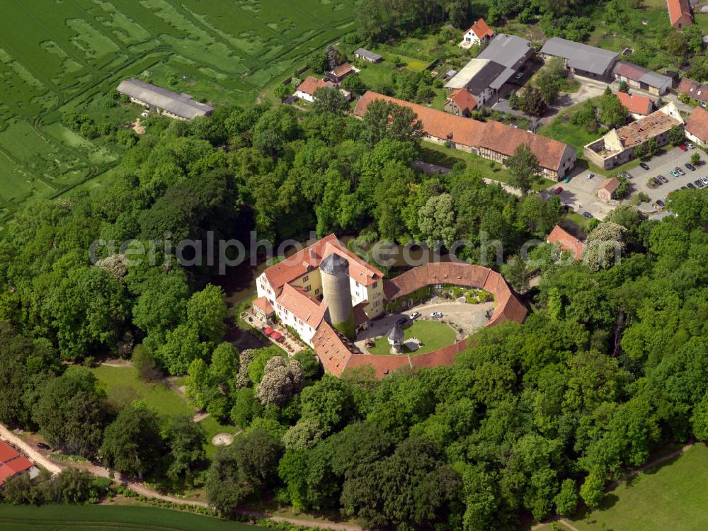 Huy from above - Photo of the castle Westerburg of the Huy community in Saxony-Anhalt. It the oldest moated castle in Germany. It houses a hotel and the register office of the town of dingelstädt