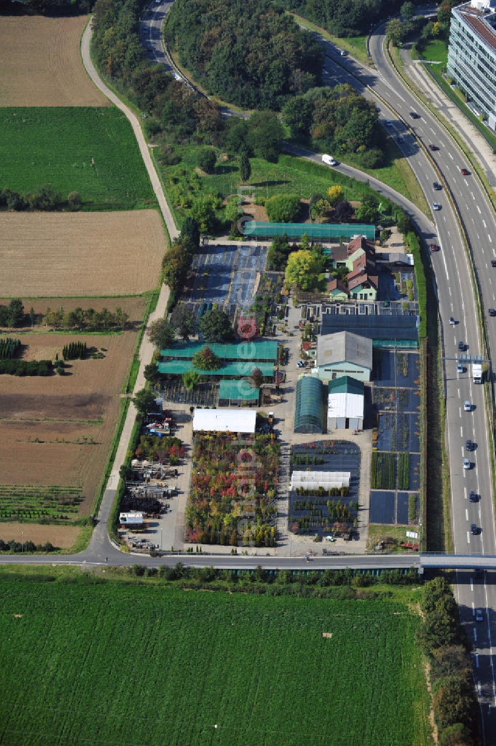 Aerial photograph Eschborn - The arboretum Christensen in Eschborn beside the motorway A 66 in Hesse