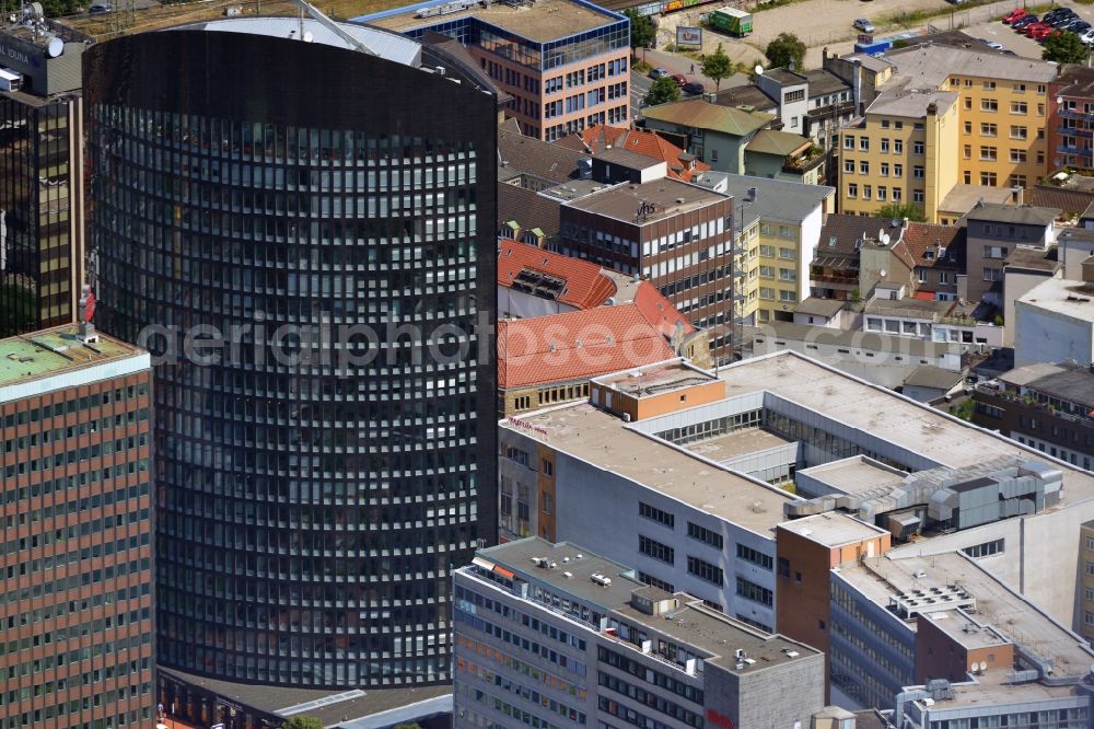 Aerial image Dortmund - The city skyline of the city center of Dortmund in the state of North Rhine Westphalia. View of the office tower RWE Tower and the Sparkasse Dortmund building in front of it. To the right is the Hotel Mercure Dortmund City