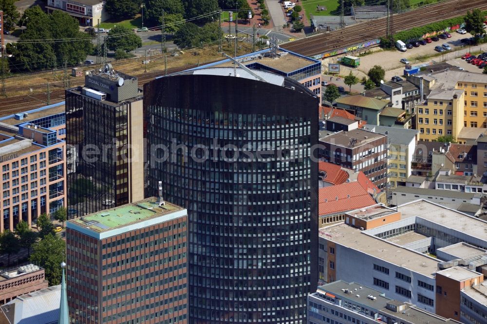 Aerial photograph Dortmund - The city skyline of the city center of Dortmund in the state of North Rhine Westphalia. View of the office tower RWE Tower and the Sparkasse Dortmund building in front of it. To the right is the Hotel Mercure Dortmund City