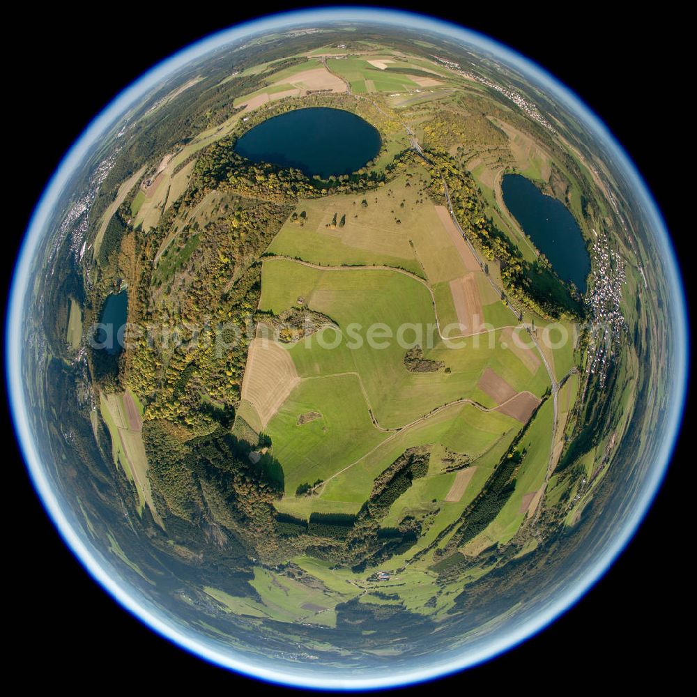 Aerial image Daun - Fisheye motive of the Dauner Maar in Rhineland-Palatinate. It consists of several vulcano lakes