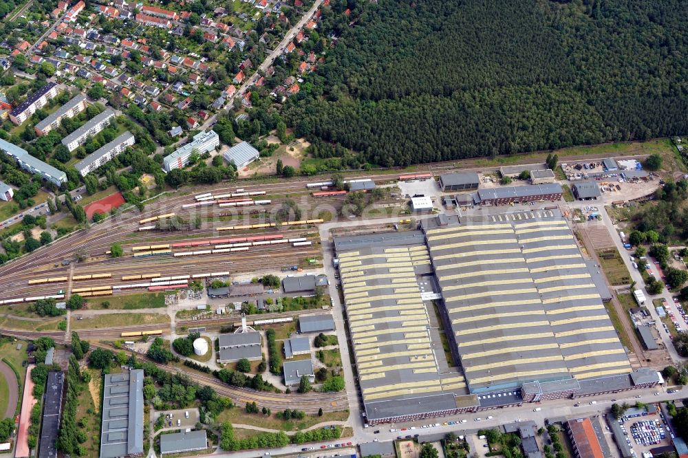 Aerial image Berlin - The Deutsche Bahn main workshop Berlin-Schoeneweide in the district of Treptow-Koepenick in Berlin. The main task is the installation of the S-Bahn trains from Berlin