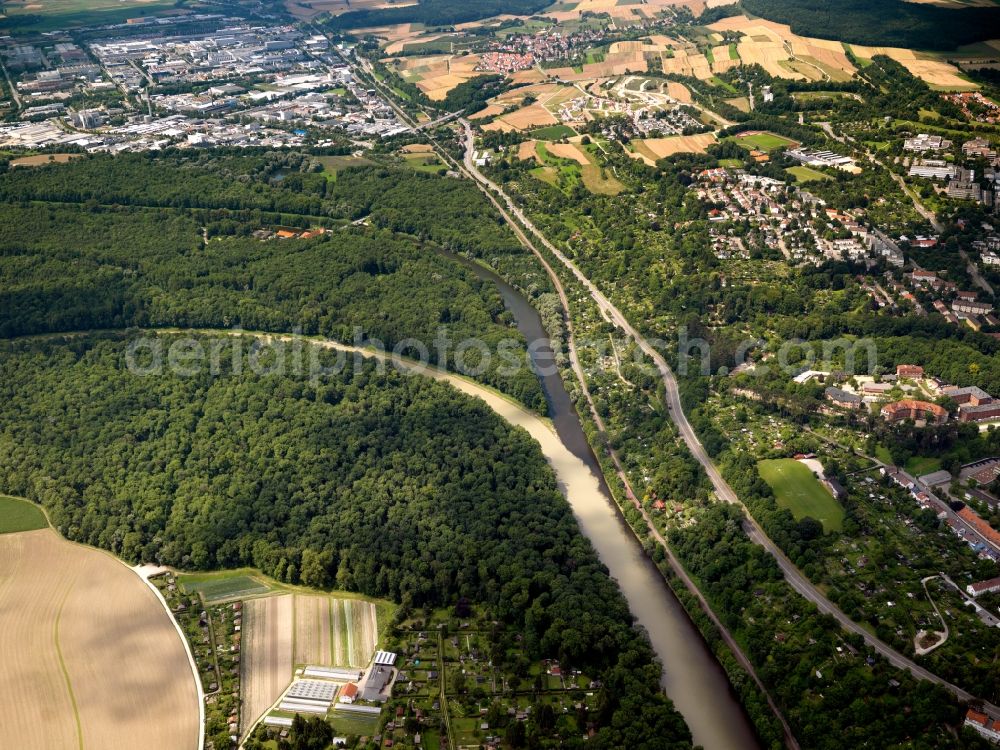 Aerial image Ulm - The Danube and the power station channel Ulm-Wiblingen in the Southwest of Ulm in the state of Baden-Württemberg. The channel leads to the hydro power station Wiblingen - located in the forest - and then meets the Danube. Adjacent to it, there is a railway track and the federal highway 311