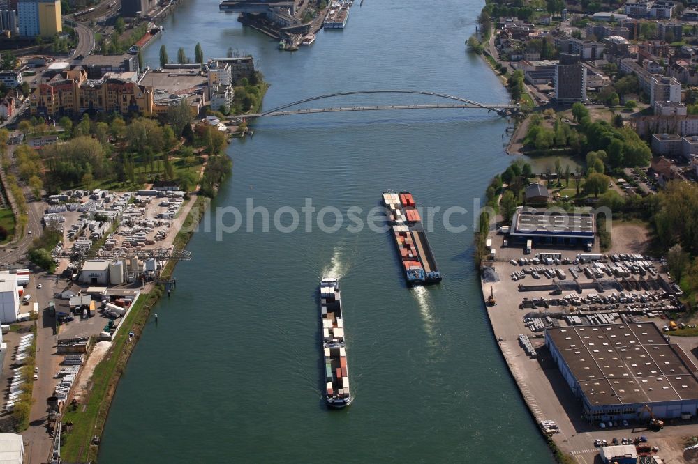 Weil am Rhein from above - River - bridge construction Dreilaenderbruecke is crossing the river Rhine in Weil am Rhein in the state Baden-Wuerttemberg, Germany