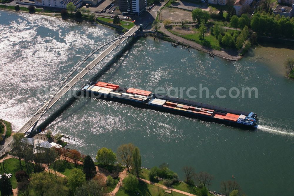 Weil am Rhein from above - River - bridge construction Dreilaenderbruecke is crossing the river Rhine in Weil am Rhein in the state Baden-Wuerttemberg, Germany