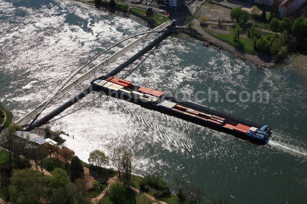 Weil am Rhein from the bird's eye view: River - bridge construction Dreilaenderbruecke is crossing the river Rhine in Weil am Rhein in the state Baden-Wuerttemberg, Germany