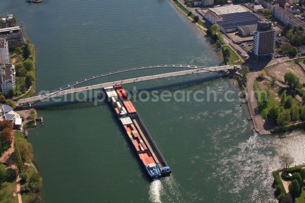 Aerial image Weil am Rhein - River - bridge construction Dreilaenderbruecke is crossing the river Rhine in Weil am Rhein in the state Baden-Wuerttemberg, Germany