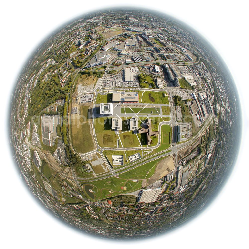 Essen from the bird's eye view: Fish-eye picture of the ThyssenKrupp AG branch. It is located in the original industrial area Krupp Belt in the district of Altendorf