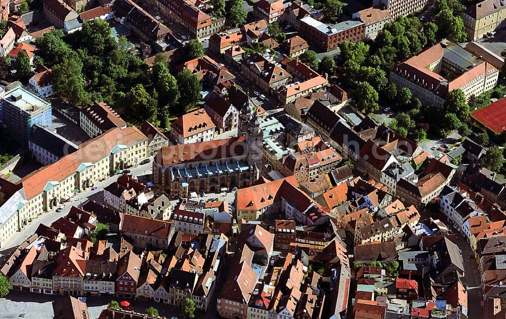 Bayreuth from above - Die Evangelisch-Lutherische Stadtkirche in der Kanzleistraße in der Altstadt von Bayreuth. Diese dreischiffige Basilika wird seit 2010 saniert. The Evangelical Lutheran municipal church at the Kanzleistrasse in the historic district of Bayreuth.