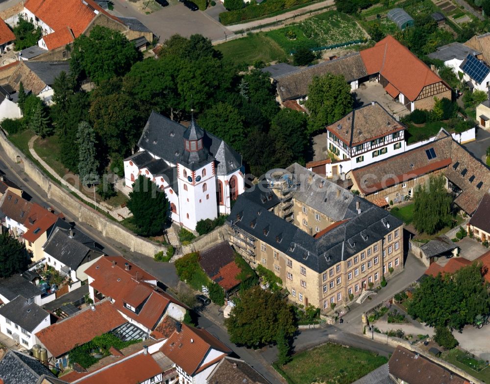 Partenheim from above - The protestant church St. Peter and the Wallbrunn castle in Partenheim in Rhineland-Palatinate