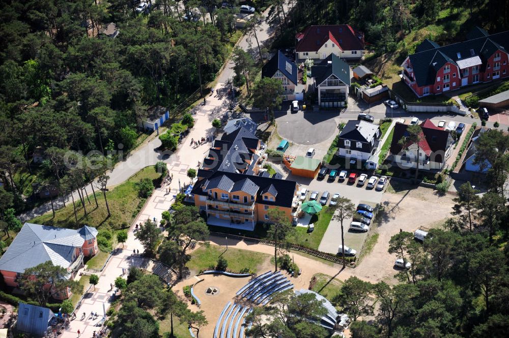 Aerial image Trassenheide - View at the stage Kurmuschel in the colony of the sea resort Trassenheide. Beside is the Haus zur Düne with its apartments that are partially hired for holiday