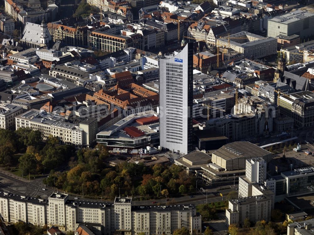 Leipzig from above - Overview of the buildings on Augustusplatz in the city of Leipzig in the state of Saxony. The new main building of the University of Leipzig, the high rise of the MDR and the Augustus Platz with the Gewandhaus and the Opera House. Next to the MDR tower, a new building is created for the campus of the University