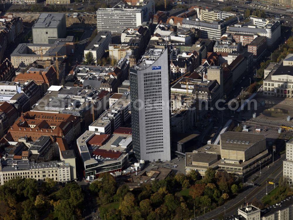 Leipzig from the bird's eye view: Overview of the buildings on Augustusplatz in the city of Leipzig in the state of Saxony. The new main building of the University of Leipzig, the high rise of the MDR and the Augustus Platz with the Gewandhaus and the Opera House. Next to the MDR tower, a new building is created for the campus of the University