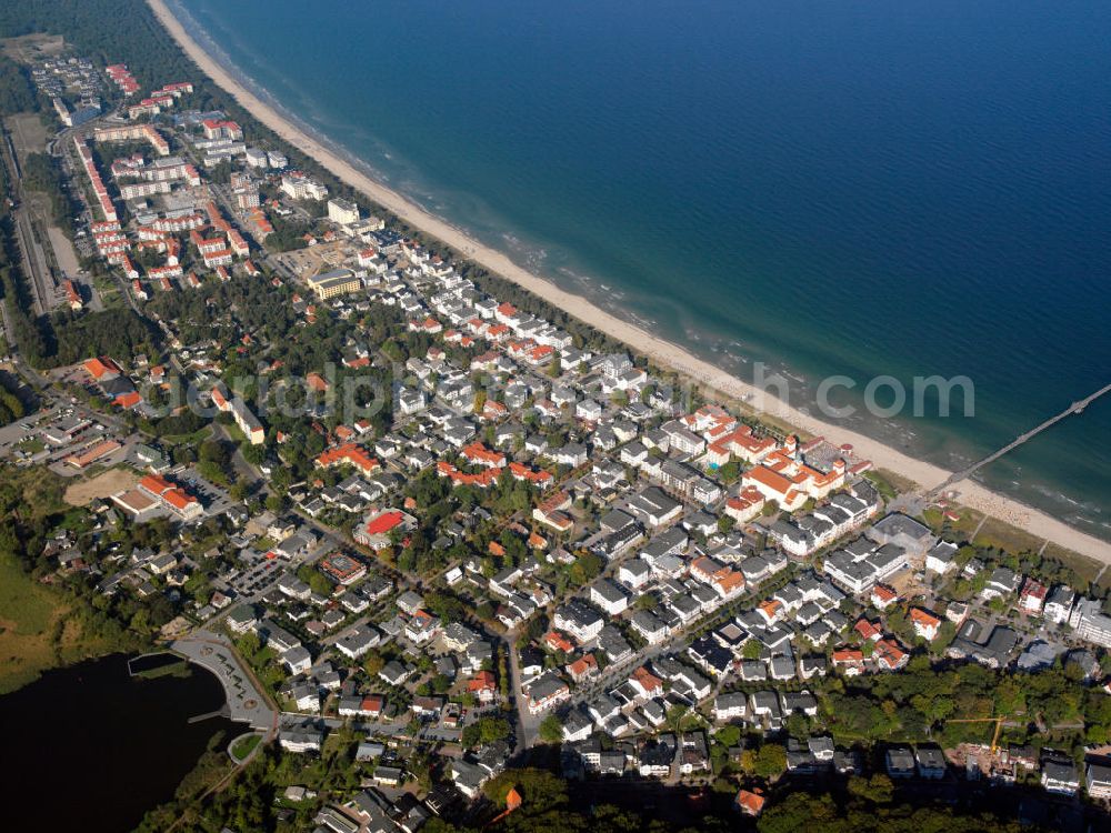 Binz from above - Views of the community Binz on the east coast of the island of Rügen in Mecklenburg-Western Pomerania. The town is located in the district of Pomerania Ruegen