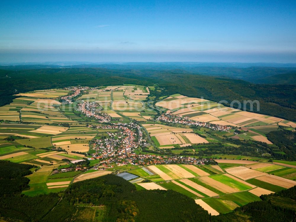 Aerial photograph Esselbach - The borough of Esselbach in the Spessart in the state of Bavaria. The Spessart region is a mountain range in Southern Germany in the states of Bavaria and Hesse. The Spessart was used as a royal hunting ground, but today it is mostly important for the local tourism and as a recreational region. The region consists of 2440 square kilometres