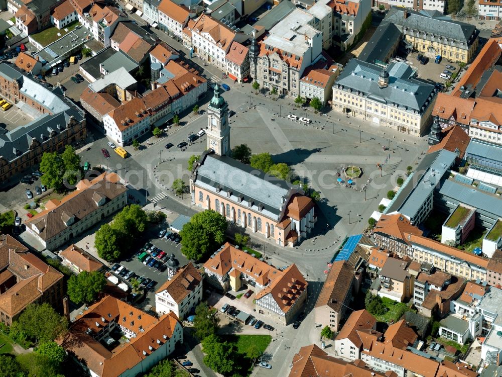 Eisenach from above - The St. George's Church is the main church in the center of Eisenach. Martin Luther preached here in the time of the Reformation, so it became one of the oldest Protestant churches in general. Johann Sebastian Bach was baptized in it. She was up to the merger of the Evangelical church provinces of Saxony and Thuringia to Evangelical Church in Central Germany on 1 January 2009, the Episcopal Church, Evangelical Lutheran Church in Thuringia