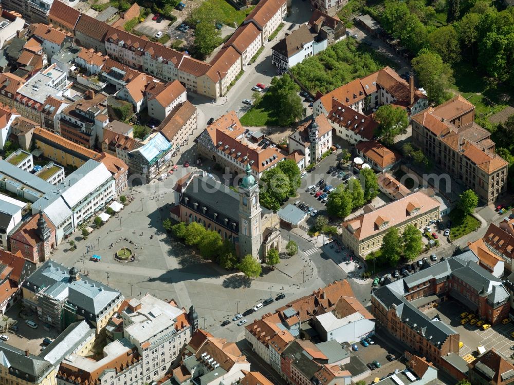 Eisenach from the bird's eye view: The St. George's Church is the main church in the center of Eisenach. Martin Luther preached here in the time of the Reformation, so it became one of the oldest Protestant churches in general. Johann Sebastian Bach was baptized in it. She was up to the merger of the Evangelical church provinces of Saxony and Thuringia to Evangelical Church in Central Germany on 1 January 2009, the Episcopal Church, Evangelical Lutheran Church in Thuringia