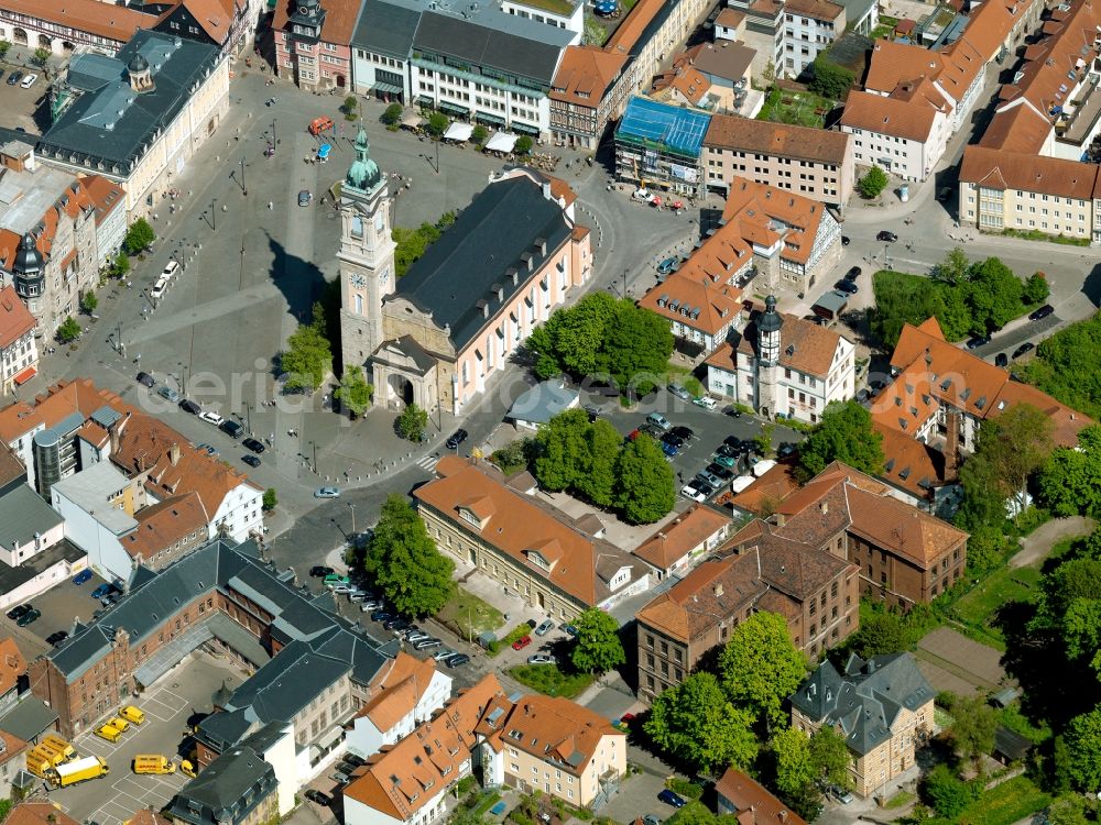 Aerial image Eisenach - The St. George's Church is the main church in the center of Eisenach. Martin Luther preached here in the time of the Reformation, so it became one of the oldest Protestant churches in general. Johann Sebastian Bach was baptized in it. She was up to the merger of the Evangelical church provinces of Saxony and Thuringia to Evangelical Church in Central Germany on 1 January 2009, the Episcopal Church, Evangelical Lutheran Church in Thuringia