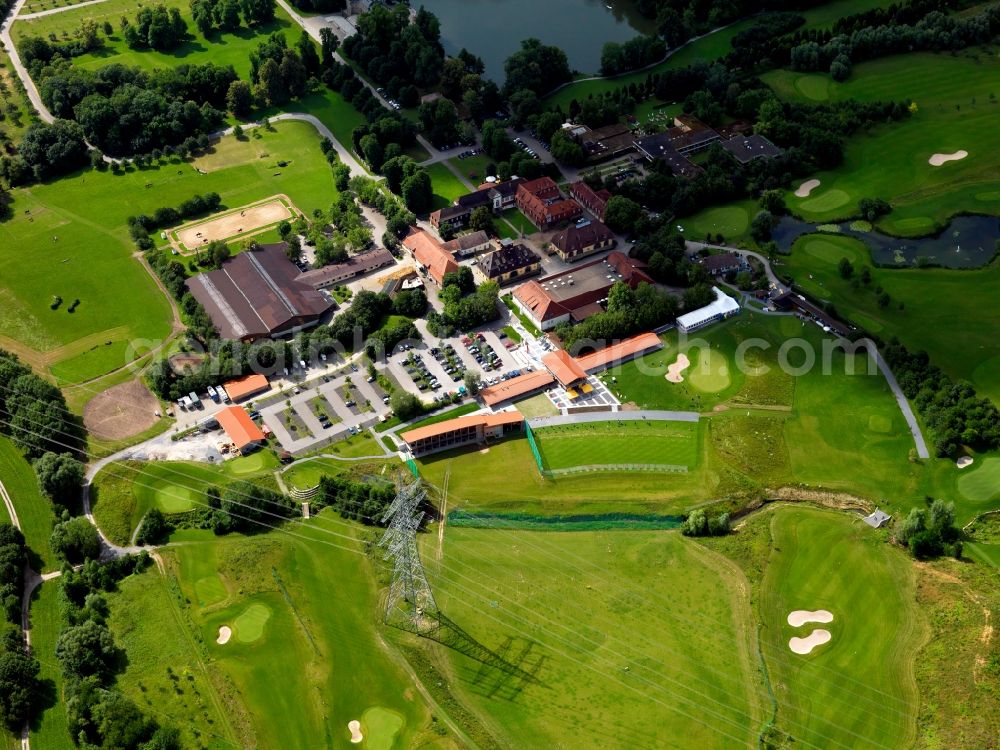 Ludwigsburg from the bird's eye view: The golf facility Schloss Monrepos in Ludwigsburg in the state of Baden-Württemberg. Th grounds are named after the castle closeby. The 18 hole course is the site of golf tournaments and open games and location of an annual duck hunt