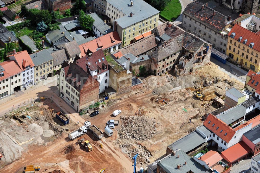 Wittenberg from the bird's eye view: View of the construction site of the shopping center Arsenal between the Arsenal square and the market place in the inner city of Wittenberg. Project developers are MIB AG and the OFB Development GmbH. The completion is scheduled for autumn 2012