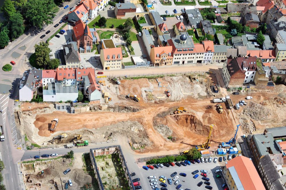 Aerial image Wittenberg - View of the construction site of the shopping center Arsenal between the Arsenal square and the market place in the inner city of Wittenberg. Project developers are MIB AG and the OFB Development GmbH. The completion is scheduled for autumn 2012