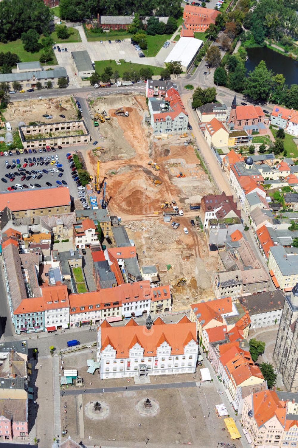 Wittenberg from above - View of the construction site of the shopping center Arsenal between the Arsenal square and the market place in the inner city of Wittenberg. Project developers are MIB AG and the OFB Development GmbH. The completion is scheduled for autumn 2012