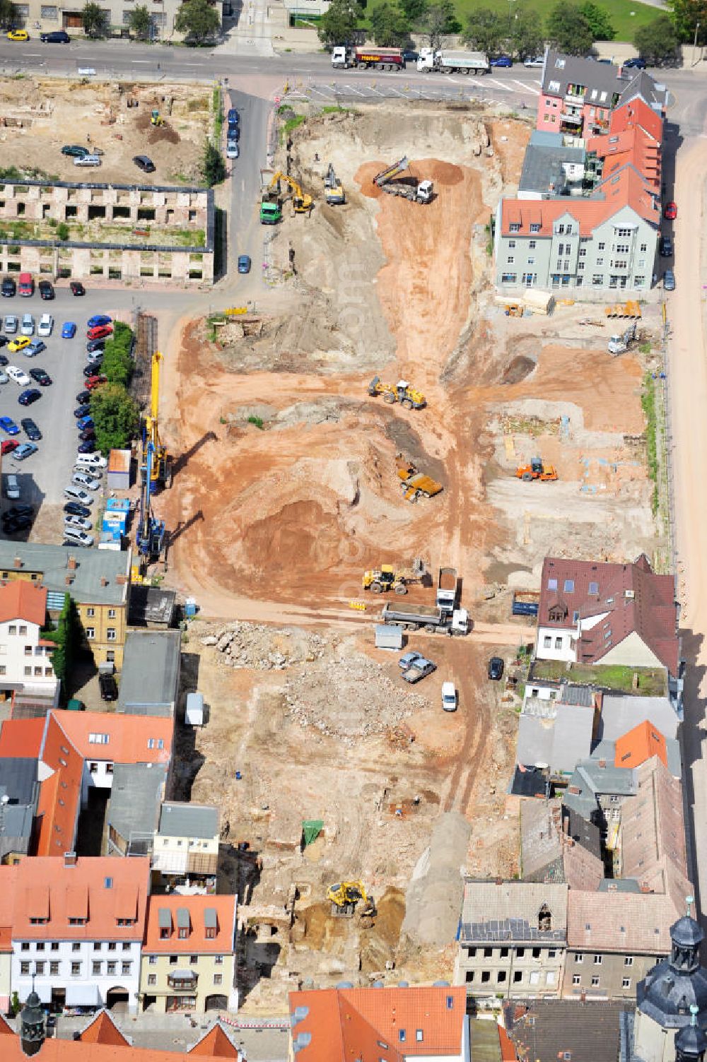 Aerial image Wittenberg - View of the construction site of the shopping center Arsenal between the Arsenal square and the market place in the inner city of Wittenberg. Project developers are MIB AG and the OFB Development GmbH. The completion is scheduled for autumn 2012