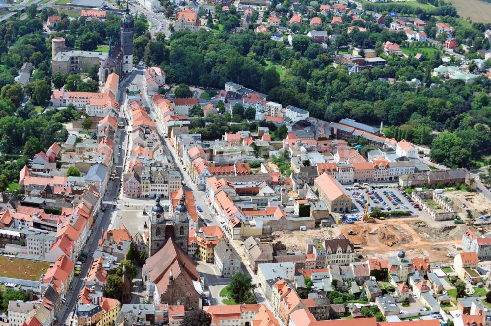 Wittenberg from above - View of the construction site of the shopping center Arsenal between the Arsenal square and the market place in the inner city of Wittenberg. Project developers are MIB AG and the OFB Development GmbH. The completion is scheduled for autumn 2012